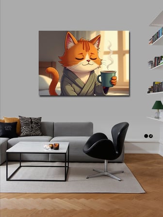Kanvas Tablo Kahve İçen Kedi Figürü 50cmx70cm