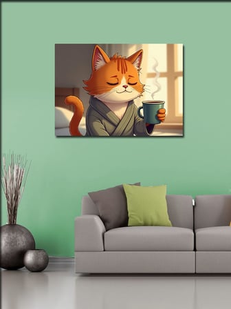 Kanvas Tablo Kahve İçen Kedi Figürü 50cmx70cm