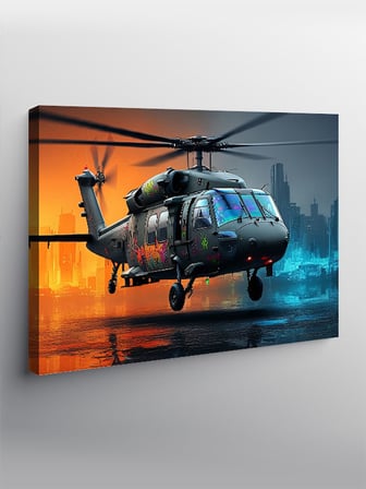 Kanvas Tablo Gece Şehirde Helikopter 50cmx70cm