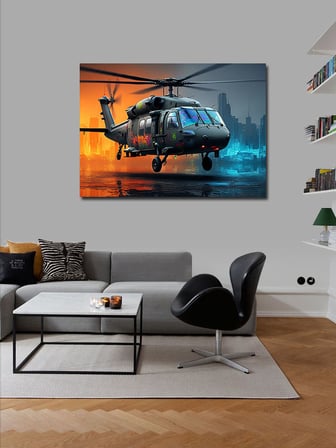 Kanvas Tablo Gece Şehirde Helikopter 50cmx70cm