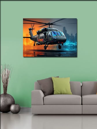 Kanvas Tablo Gece Şehirde Helikopter 50cmx70cm
