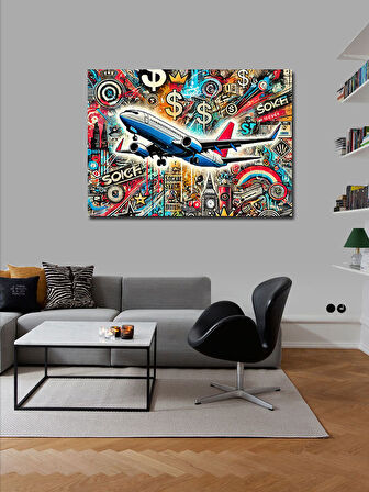 Kanvas Tablo Grafitili Uçak İllüstrasyonu 50cmx70cm