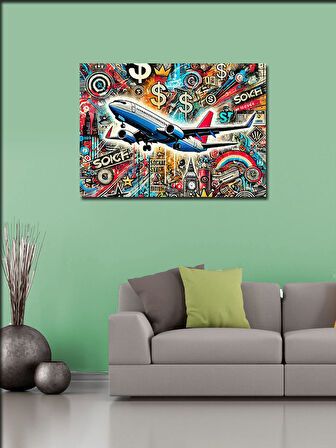 Kanvas Tablo Grafitili Uçak İllüstrasyonu 50cmx70cm