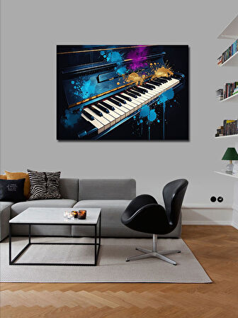 Kanvas Tablo Neon Işıklı Piyano 100cmx140cm