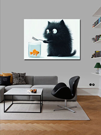 Kanvas Tablo Akvaryum Balıklı Kara Kedi 100cmx140cm