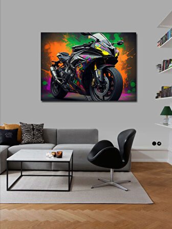 Kanvas Tablo Siyah Neon Işıklı Motosiklet 50cmx70cm