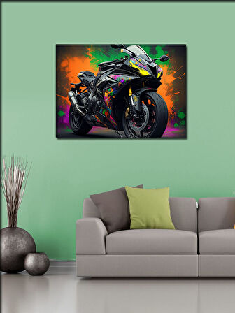 Kanvas Tablo Siyah Neon Işıklı Motosiklet 50cmx70cm