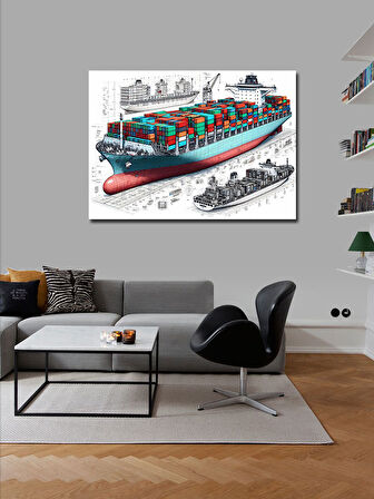 Kanvas Tablo Konteyner Gemisi Teknik Çizimi 50cmx70cm