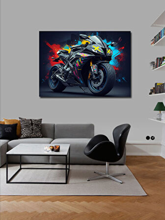 Kanvas Tablo Neon Işıklı Motosiklet Aksiyonu 70cmx100cm