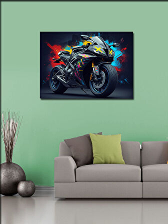 Kanvas Tablo Neon Işıklı Motosiklet Aksiyonu 70cmx100cm