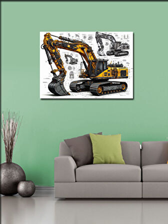 Kanvas Tablo Sarı Ekskavatör Teknik Çizimi 100cmx140cm