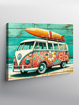 Kanvas Tablo Çiçek Desenli Retro Minibüs 50cmx70cm