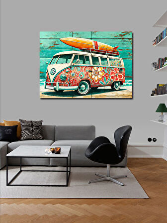 Kanvas Tablo Çiçek Desenli Retro Minibüs 50cmx70cm