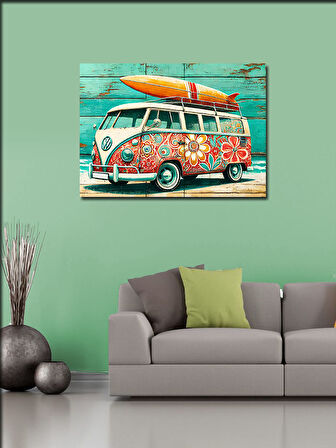 Kanvas Tablo Çiçek Desenli Retro Minibüs 50cmx70cm
