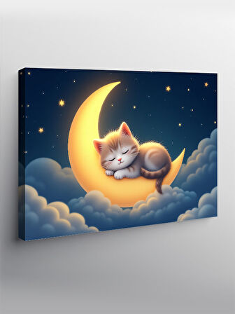 Kanvas Tablo Ayda Uyuyan Kedi Figürü 50cmx70cm