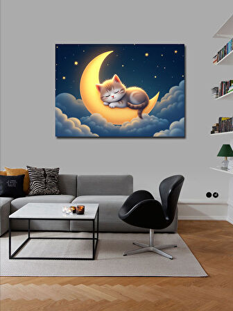 Kanvas Tablo Ayda Uyuyan Kedi Figürü 50cmx70cm