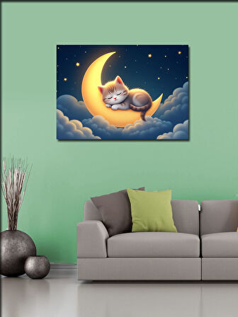 Kanvas Tablo Ayda Uyuyan Kedi Figürü 50cmx70cm