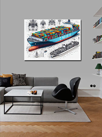 Kanvas Tablo Konteyner Gemisi Teknik Çizimi 50cmx70cm