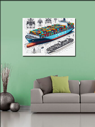 Kanvas Tablo Konteyner Gemisi Teknik Çizimi 50cmx70cm