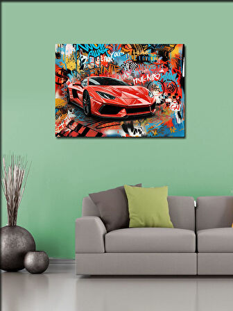 Kanvas Tablo Grafitili Kırmızı Spor Araba 100cmx140cm