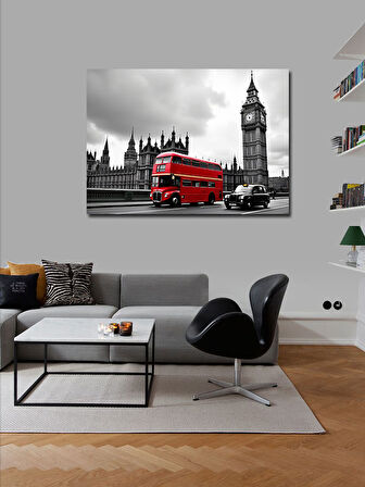 Kanvas Tablo Big Ben Ve Kırmızı Otobüs İllüstrasyonu 50cmx70cm