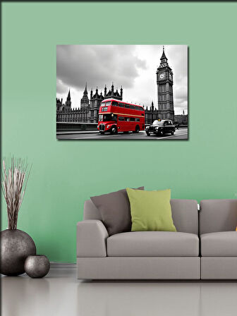 Kanvas Tablo Big Ben Ve Kırmızı Otobüs İllüstrasyonu 50cmx70cm