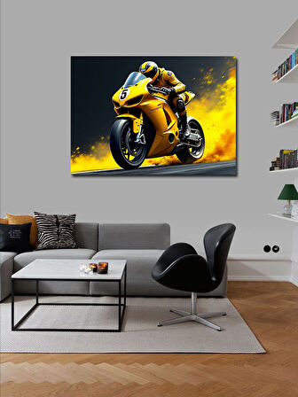 Kanvas Tablo Sarı Yarış Motoru 100cmx140cm