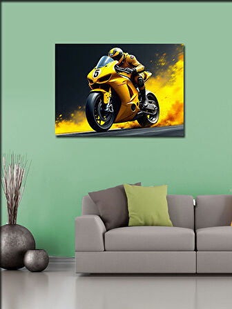 Kanvas Tablo Sarı Yarış Motoru 100cmx140cm