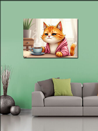 Kanvas Tablo Çay İçen Sevimli Kedi 50cmx70cm