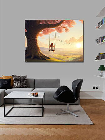 Kanvas Tablo Salıncaklı Kız Doğa Manzarası 50cmx70cm