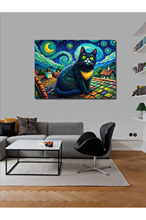 Kanvas Tablo Sevimli Siyah Kedi Ve Retro Evler