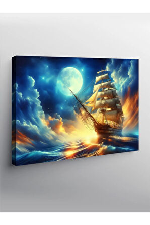 Kanvas Tablo Okyanustaki Korsan Gemisi Ve Dolunay