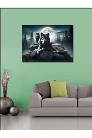 Kanvas Tablo Ormandaki Bozkurtlar Ve Dolunay