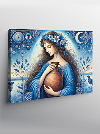 Kanvas Tablo Mavi Kadın Ve Çiçekler