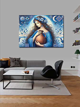 Kanvas Tablo Mavi Kadın Ve Çiçekler