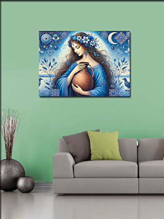 Kanvas Tablo Mavi Kadın Ve Çiçekler