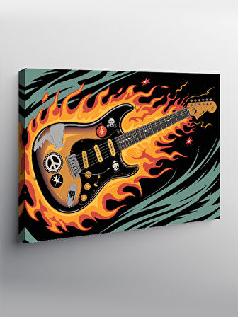 Kanvas Tablo Alevler İçinde Gitar