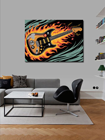 Kanvas Tablo Alevler İçinde Gitar