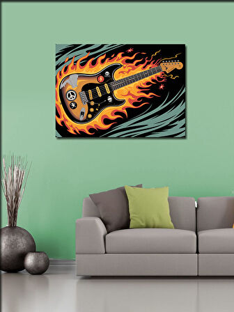 Kanvas Tablo Alevler İçinde Gitar