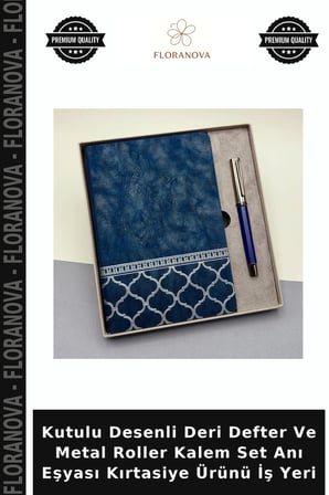 Kutulu Desenli Deri Defter Ve Metal Roller Kalem Set Anı Eşyası Kırtasiye Ürünü İş Yeri