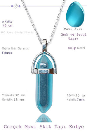 Sertifikalı Çivi Model Açık Mavi Akik Taşı Kolye (1.Kalite)