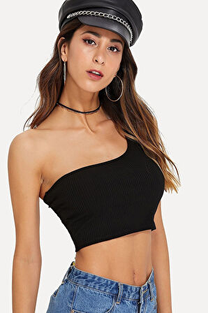 Kadın Siyah Tek Omuz Crop Büstiyer