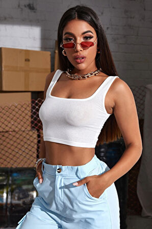 Kadın Beyaz Kalın Askılı Crop Top Büstiyer