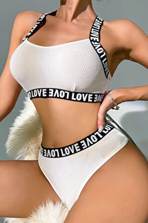 Kadın Beyaz Çapraz Sırt Ve Love Yazı Detaylı Iç Çamaşır Takımı