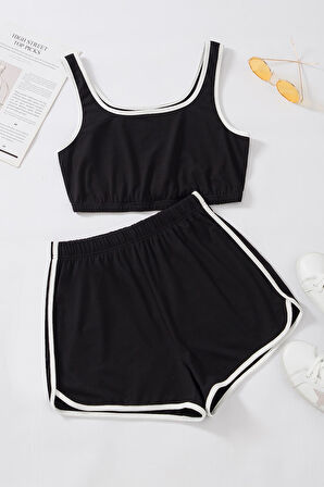 Kadın Siyah Askılı Crop Top Ve Şortlu Gecelik Takım