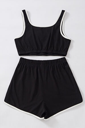 Kadın Siyah Askılı Crop Top Ve Şortlu Gecelik Takım