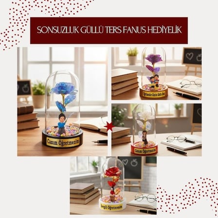 Sonsuzluk Güllü Ters Fanus - Öğretmenler Günü Hediyesi Hatıra Eşyası Masaüstü Süsü Hediyelik Eşya
