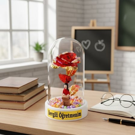 Sonsuzluk Güllü Ters Fanus - Öğretmenler Günü Hediyesi Hatıra Eşyası Masaüstü Süsü Hediyelik Eşya