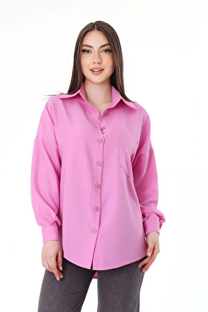 Tek Cepli Oversize Keten Gömlek- Pembe