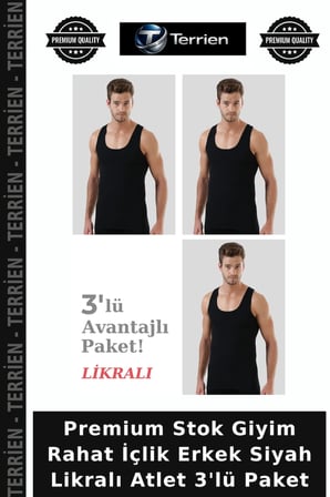 Premium Stok Giyim Rahat İçlik Erkek Siyah Likralı Atlet 3'lü Paket